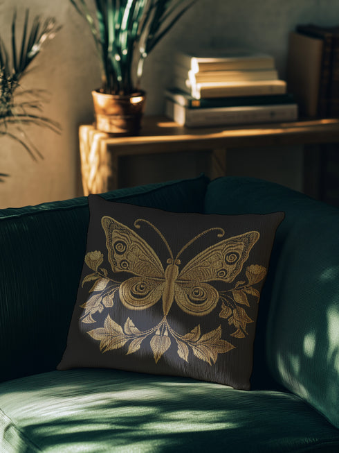 A black woven throw pillow featuring an embroidered gold Hamsa hand surrounded by intricate floral and botanical designs.